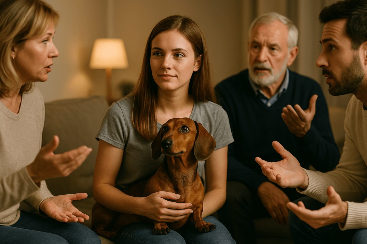 Dackel sitzt vertrauensvoll neben Halter, umgeben von Ratschlägen anderer.