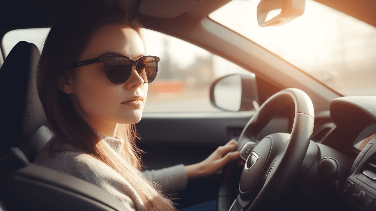 Selbstsichere Fahrerin in sicher ausgestattetem Auto