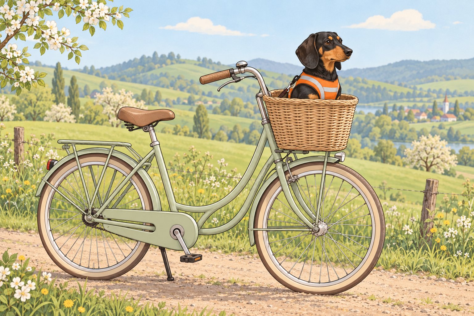 Dackel mit orangefarbener Sicherheitsweste im Fahrradkorb