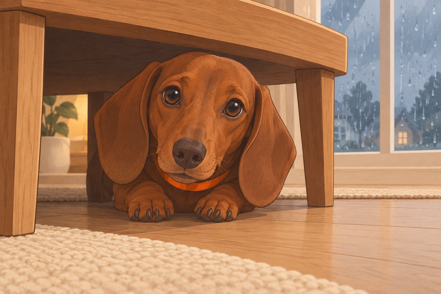 Dackel versteckt sich unter einem Tisch, während es regnet